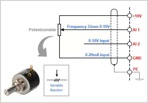 نحوه اتصال مقاومت متغیر (پتانسیومتر) به اینورتر